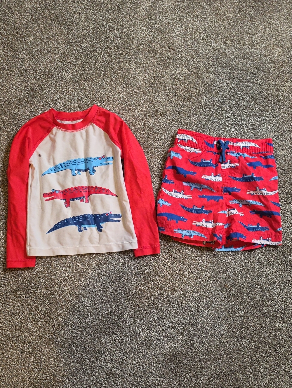 Kids Red Crocodile Swim Set - Long Sleeve Rash Guard & Swim Trunks